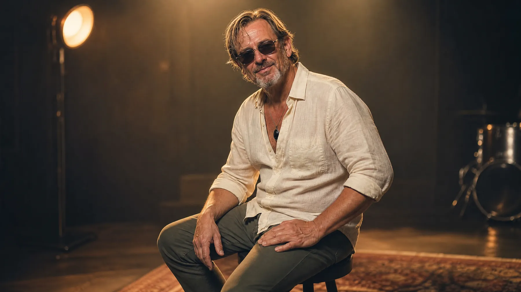 Cloud9 seated on a stool in a dimly lit studio